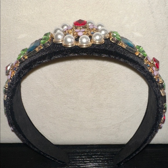 Chunky, Embellished Black Headband with Glass Gems Accents - Picture 1 of 7